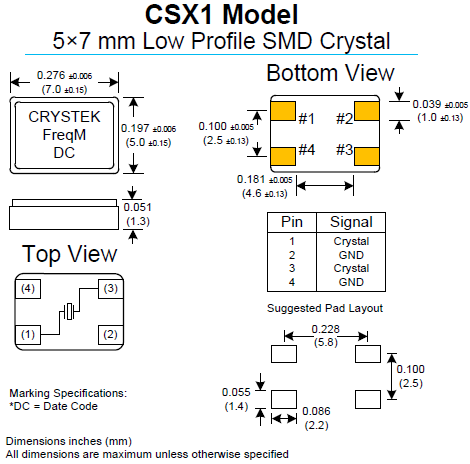 进口石英SMD谐振器,陶瓷表面7050二脚晶体,CSX1晶振